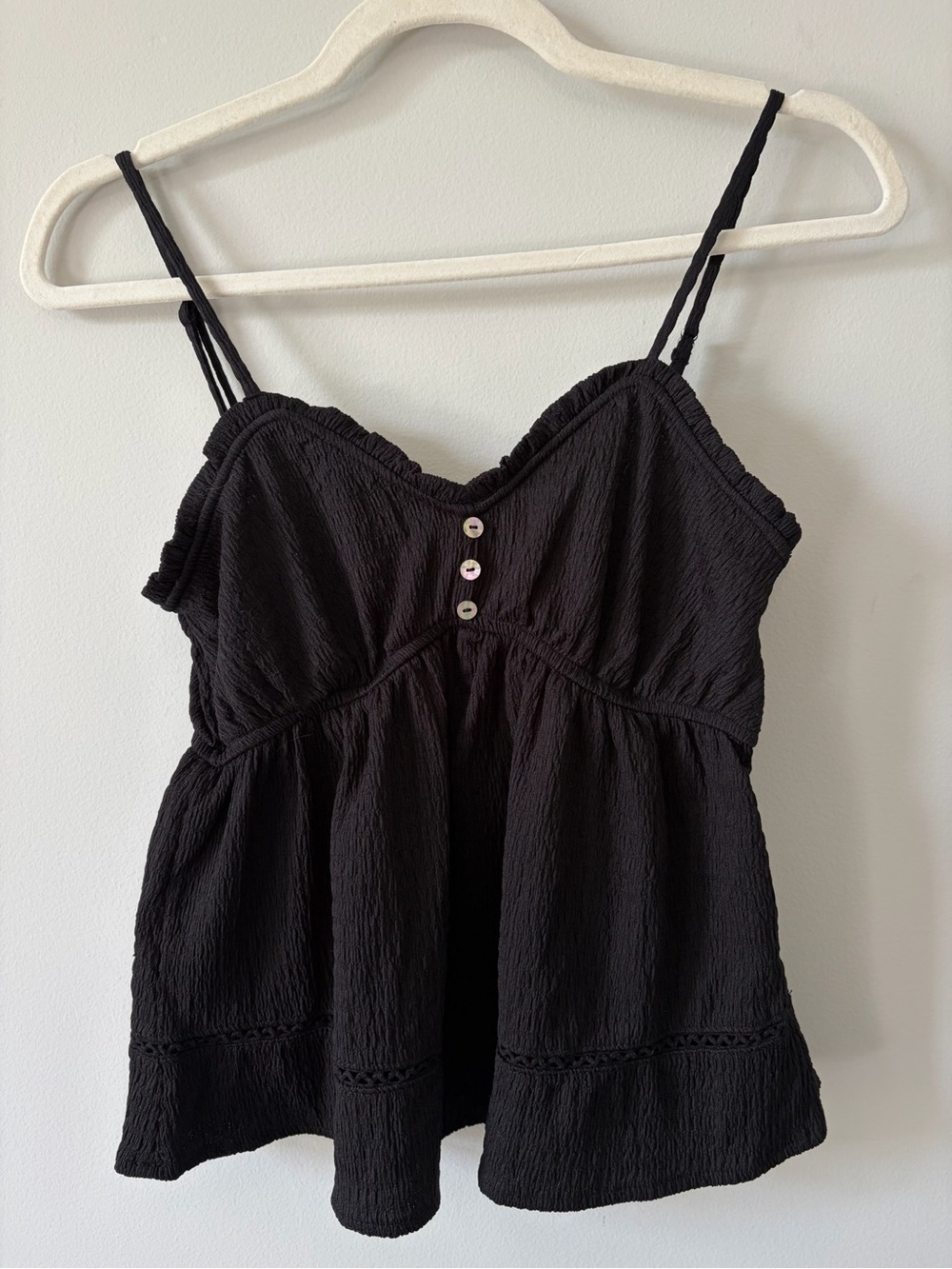 No Boundaries Black Textured Babydoll Tank with Buttons